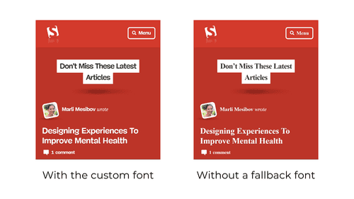 Two screenshots of a page side-by-side. The first screenshot uses a custom font, and the second screenshot uses Times New Roman. The fonts look vastly different