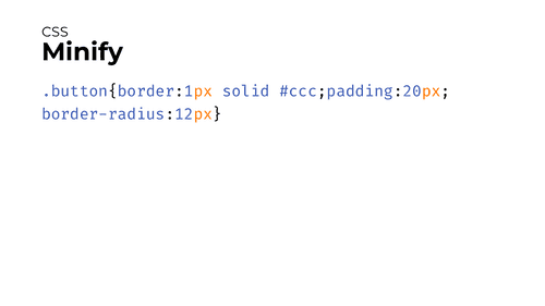 Slide with an example of minified CSS code. The distinct feature of the code is there are no spaces or newlines in that code.