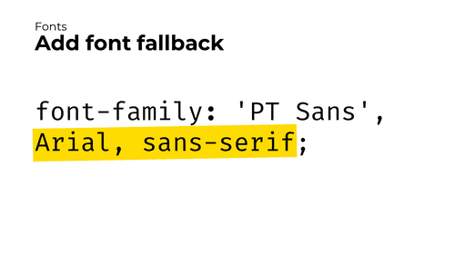 Slide with a CSS rule. The rule reads: font-family: PT Sans, Arial, sans-serif. The “Arial, sans-serif” part is highlighted.
